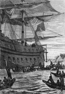 Découverte des Indes : voyage de Wallis dans le Pacifique ; Peuples autochtones allant à la rencontre des colons, dans « Les Voyageurs du 18ème et 19ème siècle », par Jules Verne, éd. Hetzel et Cie, Paris.