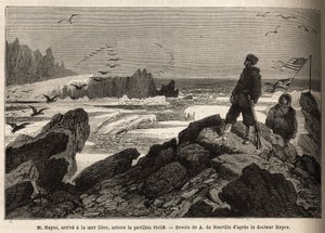 Le Dr Hayes, arrive à la mer libre du pôle Arctique, le but de son expédition, plante la bannière étoilée américaine. Gravure pour illustrer le voyage vers la mer libre du pôle Arctique, par le Docteur Hayes, chirurgien de la Marine des États-Unis, en 1860 - Unknown artist