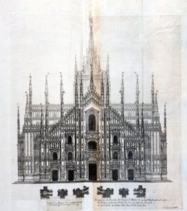 Dessin de la façade du Duomo de Milan montrant son uniformité avec le corps du bâtiment. De nombreux projets architecturaux ont été conçus autour du 17e siècle pour compléter la façade restée inachevée.