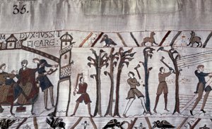 Le duc Guillaume ordonne la construction de navires, des arbres sont abattus - Tapisserie de Bayeux, dite Broderie de la reine Mathilde