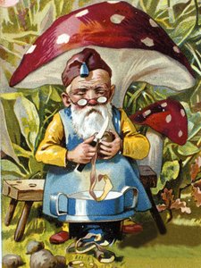 Nain ou farfadet éplucheur de pommes de terre. Chromolithographie du XIXe siècle.