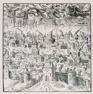 Tremblement de terre à Baden - dans "Recueil de 39 figures représentant les calamités de la France de 1562 à 1586"; imprimerie Louis Perrin
