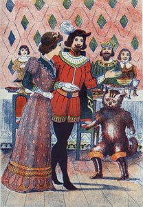 Fiançailles du marquis de Carabas et de la fille du roi. Illustration pour « Le Chat Botté », conte de Charles Perrault (1628-1703), écrivain français. Illustration anonyme. Imagerie Marcel Vagne, Jarville Nancy, sans date (fin XIXe siècle)
