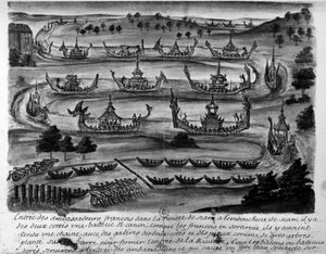 Entrée des ambassadeurs français dans le fleuve Siam - dans "Voyages du royaume de Siam, historiques de 1688". - Unknown artist