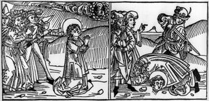 Épisode de la vie de Saint Donat (mort vers 355) Gravure de « Leben der Heiligen - sommerteil » (Le livre des saints) par Jacobus de Voragine (1228-1298). Lübeck 1488 - Unknown artist