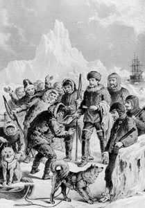 Esquimaux découvrant un miroir apporté par des expéditeurs - Expédition arctique des rivages britanniques et étrangers des débuts aux expéditions de 1875.