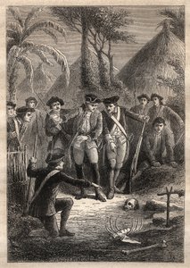 Expédition de Nicolas Thomas Marion-Dufresne (Marion Dufresne) (1729-1772) : à la recherche de Marion et de leurs camarades disparus, les marins découvrent un crâne et des restes humains dans le village de Tacouri (île Matuaro, Nouvelle-Zélande) - illustra