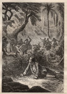Expédition de Nicolas Thomas Marion-Dufresne (Marion Dufresne) (1729-1772) : le seul marin survivant témoigne du massacre de tous ses camarades, y compris Marion, par les indigènes de la baie des Assassins (île Matuaro, Nouvelle-Zélande) - illustration tir