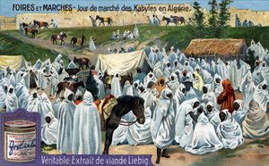 Foires et marchés : jour de marché kabyle en Algérie. Chromolithographie, image Liebig