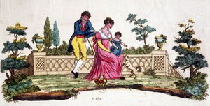 Famille dans un parc. Gravure du début du XIXe siècle.