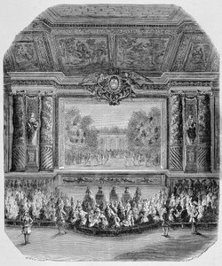 Fête de Louis XIV, par le Duc de Saint Aignan (Comédie en musique, jouée dans le parc de Versailles) Gravure