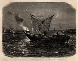 Pêche au feu dans la baie de Yedo (ou Edo, Tokyo actuel), pendant la nuit, chaque bateau porte une sorte de grille à l