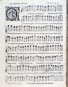 Première page de Balletti pour cinq voix par Giovanni Giacomo Gastoldi