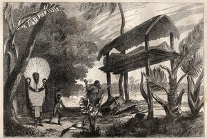 Premier voyage (1768-1771) du capitaine James Cook (1728-1779) : un fia-toka, bâtiment funéraire de Tahiti - illustration tirée de "Les grands marins du XVIIIe siècle" - Unknown artist