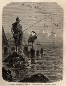 Pêcheur de la baie de Yedo (ou Edo, Tokyo actuel), attrapé par un aigle, à marée basse, les bateaux déposent les pêcheurs sur des blocs de pierre posés à sec dans la baie, ces derniers restent droits, immobiles et pêchent avec l