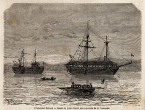 Pénitenciers flottants de Guyane française, une colonie dévolue à la captivité de ceux qui ont pris le contrôle des tribunaux et des hommes qui devaient rester. Gravure pour illustrer le voyage en Guyane française en 1862-1863, par Frédéric Bouyer, capitai