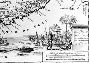 Francisco Pizarro représenté sur une carte du Pérou (17e siècle) - Unknown artist