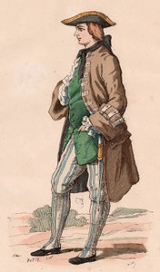 Gentilhomme français en costume de chasse, portant manteau, gilet et chapeau tricorne avec une dague à son côté pendant le XVIIIe siècle (gravure en couleur)