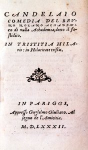 Frontispice de « Il candelaio » de Giordano Bruno, philosophe et théologien italien. 1582
