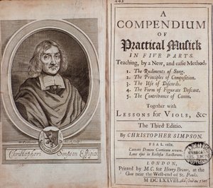 Frontispice de Compendium de musique pratique en cinq parties avec leçons de viole de gambe par Cristopher Simpson