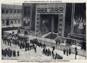 Funérailles de Sadi Carnot (1837-1894), ancien président français, au Panthéon à Paris. Arrivée du char funèbre. Gravure dans « Le Parisien »