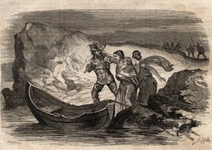 Guerres gauloises, 58-51 av. J.-C. Victoire romaine sur les tribus germaniques sous Arioviste - Arioviste forcé de repasser le Rhin - gravure dans "Dictionnaire populaire illustré" - 1864 - par Joseph Décembre et Edmond Allonier - Unknown artist