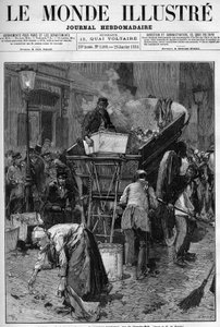 Poubelle, le nouveau camion rue du Cherche-Midi à Paris. Hommes et femmes ramassant les déchets dans une rue de Paris pour les mettre dans une charrette, nettoyant ainsi la ville. Gravure dans "Le Monde Illustré"