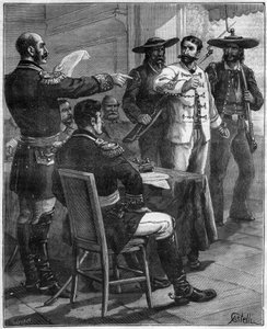 Gaston de Raousset-Boulbon (Raousset Boulbon) (Gaston Raoulx Boulbon) 1817-1854 traduit devant un conseil de guerre, en 1854 au Mexique - gravure de 1888