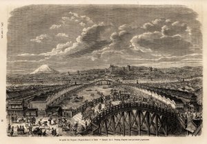 Vue générale de Yedo (ou Edo, Tokyo actuel) depuis le pont Nippon Bashi, animation des passants et porteurs sur le pont, entre les allées marchandes, vue des boutiques et en arrière-plan, vue du Mont Fuji. Gravure - Unknown artist