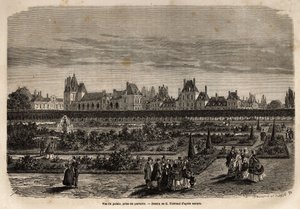Vue générale du palais et des jardins de Fontainebleau, prise du sol. Gravure pour illustrer une description du château et de la forêt de Fontainebleau, en 1867, par M. Pays, dans « Le tour du monde, nouveau journal des voyages » publié sous la direction d