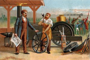 George Stephenson (1781-1848) représenté avec une de ses inventions : la locomotive. Chromolithographie tardive du 19ème siècle