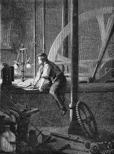 Georges Stephenson, un conducteur à Newcastle, démonte et répare sa machine à vapeur. Dans « Album de la Science », Éditions Jouvet - Unknown artist