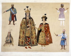 Planche de costumes géorgiens aux 16ème et 17ème siècles : Roi Irakli (1744 - 1798), Gheorghi X (1687), Princesse Chartchevadze (Ambassadeur de Géorgie à Saint-Pétersbourg sous Catherine II 1780), Reine Mary (fille de Dadian de Mingrélie avec son fils Otth