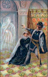 Gertrude, Hamlet et le fantôme du père de Hamlet. Dans « Hamlet », de William Shakespeare. Chromolithographie de la fin du 19ème siècle
