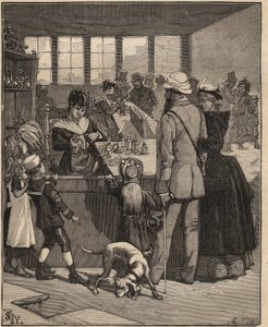 Art du verre : touristes achetant une perle soufflée dans une verrerie à Venise, Italie. Gravure de 1885 dans "Les arts et métiers illustrés" par Adolphe Bitard. - Unknown artist