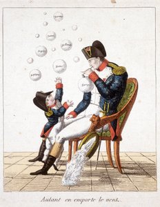 Autant en emporte le vent: Napoléon faisant des bulles de savon de Toscane, Suisse, Hollande, Naples, Rome, Espagne et Europe - dans « Napoléon 1er, caricatures, collection factice », c. 1814 - Unknown artist