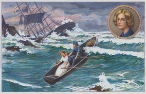 Grace Darling part à la rame avec son père pour secourir les survivants du navire naufragé, le "Forfarshire" en 1838. (chromolitho)