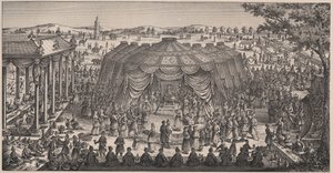 Grand Banquet donné par Tamerlan (1336-1405) dans la plaine de Khani Gheul pour célébrer le mariage de ses petits-enfants - Gravure du 19ème siècle
