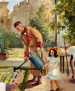 Grand-père jardinant avec sa petite fille chromolithographie fin 19ème siècle