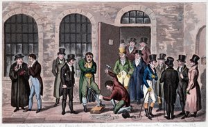 Grande-Bretagne Prison : Une condamnation à mort est attachée à la prison de Newgate à Londres (souvent mentionnée dans les romans de Charles Dickens). Gravure vers 1823. Bibliothèque des Arts Décoratifs. - Unknown artist