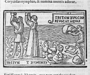 Mythologie grecque : Deucalion et Pyrrha jetant des pierres qui donnent naissance à des êtres humains après le déluge pour peupler la Terre. Xylographie du 16ème siècle