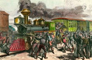 Grève sur la ligne de chemin de fer reliant Baltimore, Ohio. Les ouvriers chassent les conducteurs et les ingénieurs d