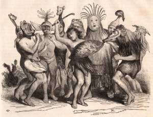 Groupe de sauvages brésiliens dansant avec des costumes, des masques et des coiffes traditionnelles