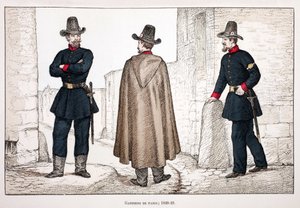 Gardiens de la paix (1848-1849). Eau-forte en couleurs, pour illustration « Histoire du corps des gardiens de la paix » livre publié sous les auspices de Louis Lépine (1846-1933) préfet de police de la Seine, par Alfred Rey (1864-?) et Louis Féron