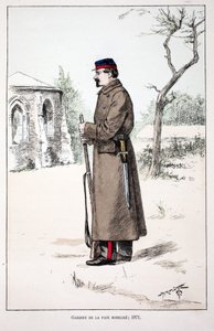 Gardiens de la paix mobilisés (1871). Eau-forte en couleurs, pour illustration "Histoire du corps des gardiens de la paix" livre publié sous les auspices de Louis Lépine (1846-1933) préfet de police de la Seine, par Alfred Rey (1864-?) et Louis Féron (1862