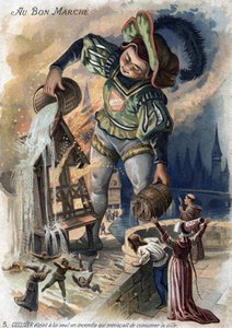 Les Voyages de Gulliver par Jonathan Swift. Gulliver seul éteint un incendie qui menaçait de dévorer la ville de Lilliput. Chromolithographie du 19ème siècle