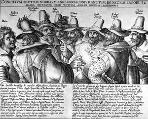 Poudre à canon : Bates, Robert Winter, Christopher Wright, John Wright, Thomas Percy, Guido Fawkes, Thomas Winter