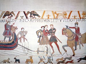 Harold II (1022 - 1066) débarque en Normandie où il est capturé par Guillaume Ier le Conquérant (1027 - 1087). Tapisserie de Bayeux, dite Broderie de la Reine Mathilde