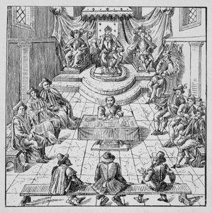 Henri III (1551 - 1589) tenant les États Généraux à Blois en 1576 - dans "Collection de 39 figures représentant les calamités de la France de 1562 à 1586"; Louis Perrin imprimerie