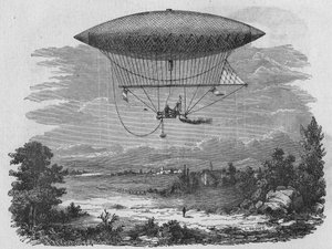 Henry Giffard teste un aérostat à vapeur de 44 mètres de long. Dans "Album de la Science", Éditions Jouvet.